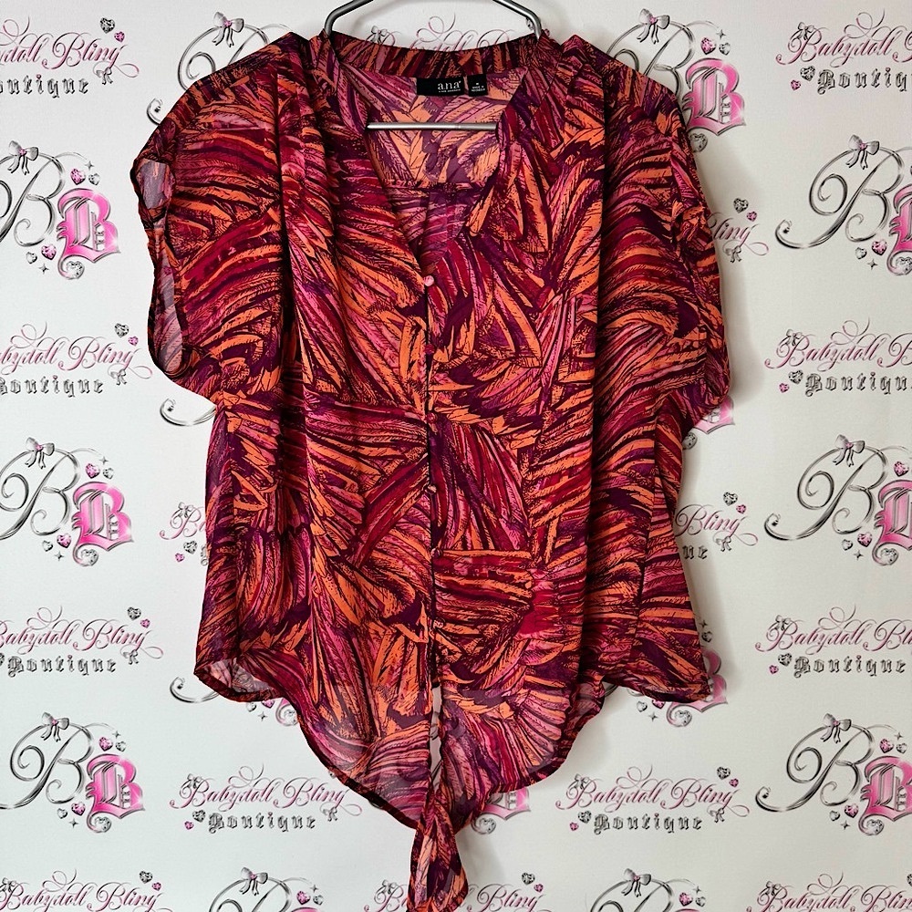 a.n.a Women's Vibrant Pink and Orange Blouse tropical leaf’s button up